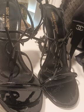Saint Laurent Shiny Black Strappy Heels